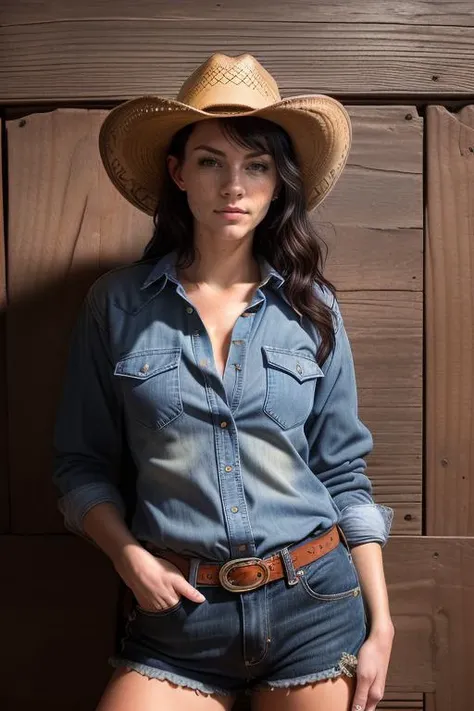 Merger_sabrina_haus,
(country beauty posing against a wooden fence with a plaid shirt and jeans and a cowboy hat, cow girl, country girl, cow girl:1.2),
bokeh, f1.4, 40mm, photorealistic, raw, 8k, textured skin, skin pores, intricate details <lora:epi_noiseoffset2:1>, epiCRealism