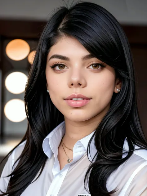 RAW photo of the gorgeous ginaval wearing a white button up shirt, long flowing dark hair, dark theme <lora:LowRA:0.4>