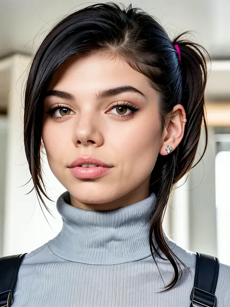a closeup headshot photo of the beautiful ginaval wearing a turtleneck sweater