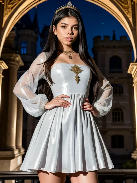 RAW photo of the gorgeous ginaval as a princess standing in a baroque castle, (wearing long sleeved traditional dress and jewelry:1.2), long flowing dark hair,, dark theme <lora:LowRA:0.4>