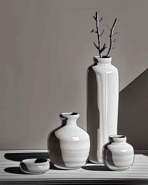 still life of simple ceramic vases, [twig], minimalist, line sketch, drawing, monochrome, (white), no background, rule of thirds, art, shadow, light<lora:QueratoLora (em-mix):1.0>
