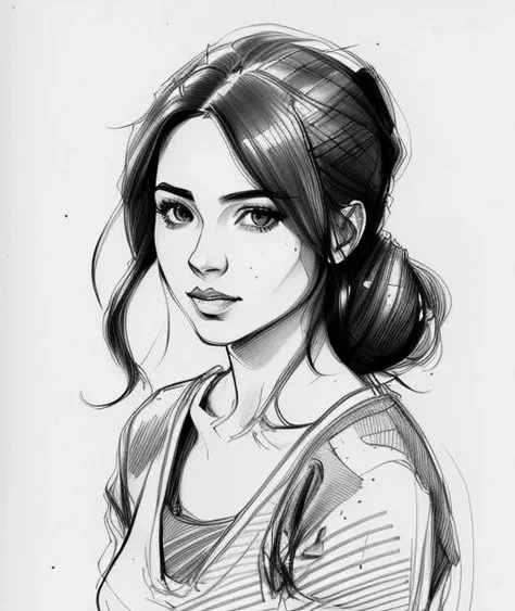 sketch artstyle, Isaura Ojeda in casual clothes, grayscale, monochrome, ((solo))  <lora:QueratoLora:1>