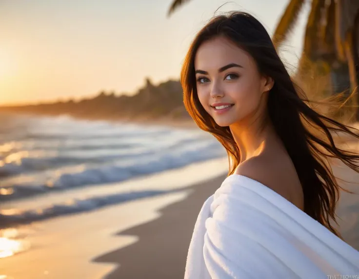 Hollywood movie, cinematic film still of beautiful and sexy 18 year old limoon girl walking on the seashore of sandy beach, hiding behind white bath towel, seacoast with sunset and palm trees in the background, (looking at viewer:1.2), long straight hair, hair blown by the wind and falling on her face, realistic hair, mimic wrinkles, skin pores, detailed pupils, whole body visible, ((full body:1.1)), (from behind:1.1), slim body, small breasts, flatchested, perfect teeth, happy face, loving smile, smily eyes, in love, (wind:1.5), <lora:sextowels_XL_reg0_-000004:0.6>, sextowels, nsfw, perky nipples,
masterpiece, absurdres, portrait, detailed skin texture, detailed eyes, full lips, Artistic photo , ultra sharp, film, bokeh, (high quality), 4k, shallow depth of field, vignette, highly detailed,
<lora:SDXL_LiMoon_v1:1>,