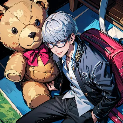 (masterpiece, best quality, ultra-detailed, highres), dynamic angle, from above, (illustration:1.4),
1boy, narukami yu,
glasses, school uniform, open clothes, jacket, shirt, black pants,
put one hand in your pocket, school bag, smile, (teddy bear,:1.2),
<lora:persona4_narukami:1>