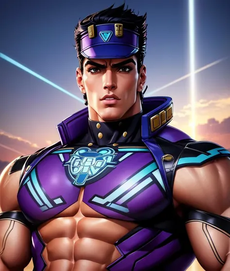 muscular man wearing techwear fashion, <lora:HirohikoArakiJoJo:0.7> in the style of hirohiko araki,jojo's bizzare adventure, <lora:jotaro:0> kujo jotaro, (8k, RAW, best quality, masterpiece:1.2), ultra high res, ultra-detailed , professional lighting, photon mapping, perfect ligthing, bloom, cinematic lighting, god rays