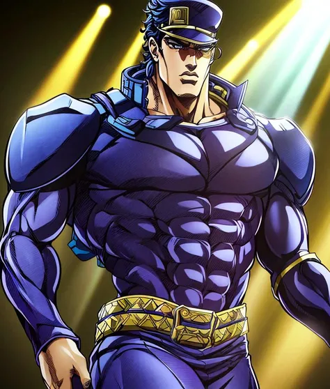 muscular man wearing techwear fashion,  <lora:HirohikoArakiJoJo:0.7> in the style of hirohiko araki,jojo's bizzare adventure, <lora:jotaro:0.6> kujo jotaro, (8k, RAW, best quality, masterpiece:1.2),  ultra high res, ultra-detailed , professional lighting, photon mapping, perfect ligthing, bloom, cinematic lighting, god rays