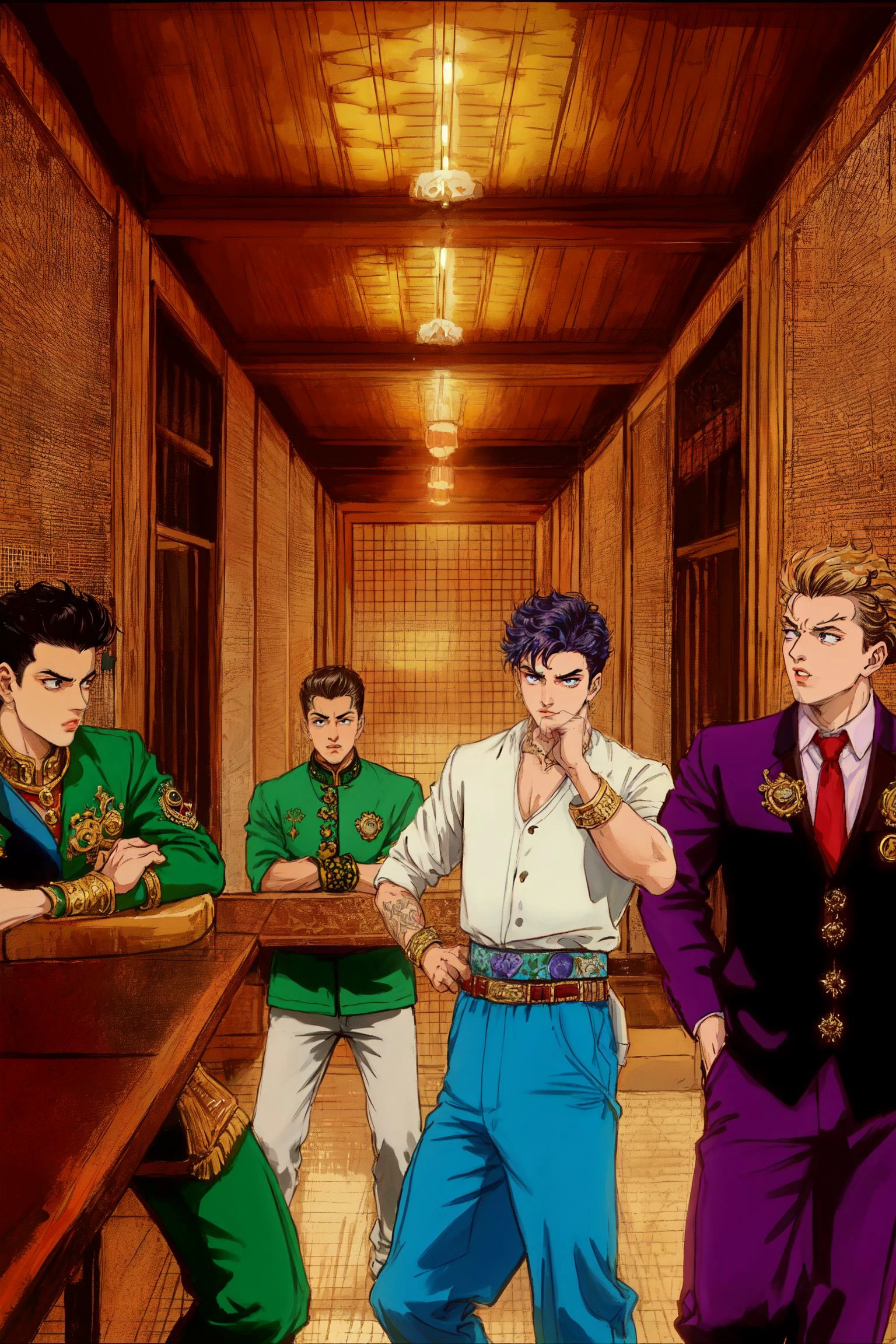 movie still, (Giorno Giovanna) in the style of hirohiko araki, show still from JoJo's Bizarre Adventure, the character Giorno Giovanna stands alongside his gang, known as "Bucciarati's Gang". The scene depicts them in a tense and serious moment, as if they are preparing for a difficult and dangerous mission.
Giorno, the leader of the gang, stands in the center of the group, his piercing eyes fixed on some unseen enemy. He wears a distinctive green suit and a white shirt with a butterfly-shaped brooch. His hair is styled in a slicked-back, pompadour-like fashion, and he carries himself with an air of quiet confidence.
The other members of the gang are gathered around Giorno, each of them adopting their own unique stance or expression. There is Narancia Ghirga, a brash and impulsive young man, who stands with his arms crossed and a scowl on his face. Beside him is Guido Mista, a gun-toting marksman, who looks off into the distance with a stoic expression.
Behind Giorno stands Leone Abbacchio, a former police officer who now serves as the gang's strategist. He appears thoughtful and contemplative, with his hand resting on his chin. Finally, there is Pannacotta Fugo, a hot-headed and intellectual member of the gang, who stands with his arms folded across his chest.
Despite their disparate personalities, the gang members share a common purpose and a fierce loyalty to Giorno. The still captures the sense of camaraderie and determination that binds them together, as they prepare to face whatever challenges lie ahead.