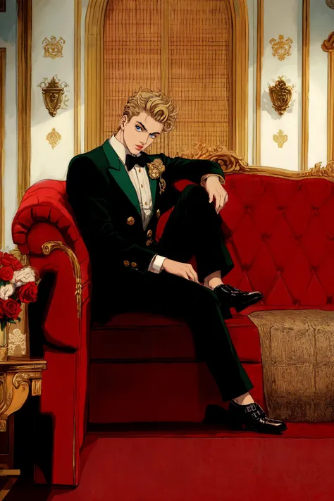 anime still, (Giorno Giovanna) in the style of hirohiko araki,  In this scene still from JoJo's Bizarre Adventure, the character Giorno Giovanna is depicted sitting in a large leather chair, in a pose reminiscent of the Godfather. He is shown as a young and confident leader with a strong presence, exuding an air of power and control.

Giorno's physical appearance is striking, with his sharp, angular features and piercing blue eyes. He has a slender and athletic build, and his golden blond hair is styled in a slicked-back, pompadour-like fashion.

Giorno wears a distinctive green suit with a high collar and a double-breasted design. The suit is decorated with a series of buttons and buckles that add to its stylish and modern appearance. He also wears a crisp white shirt with a butterfly-shaped brooch pinned to the collar, and a black tie.

In addition to his suit, Giorno also wears a pair of black leather gloves, which he is often seen wearing to hide a special power that he possesses. The gloves have a unique design that features a series of small, circular openings on the back of the hand.

Giorno's overall appearance is imposing and authoritative, reflecting his position as the leader of his gang. His garb and pose suggest that he is in complete control, and that he is a force to be reckoned with. The scene still captures the essence of Giorno's character, portraying him as a stylish and enigmatic figure who commands respect and admiration from those around him.