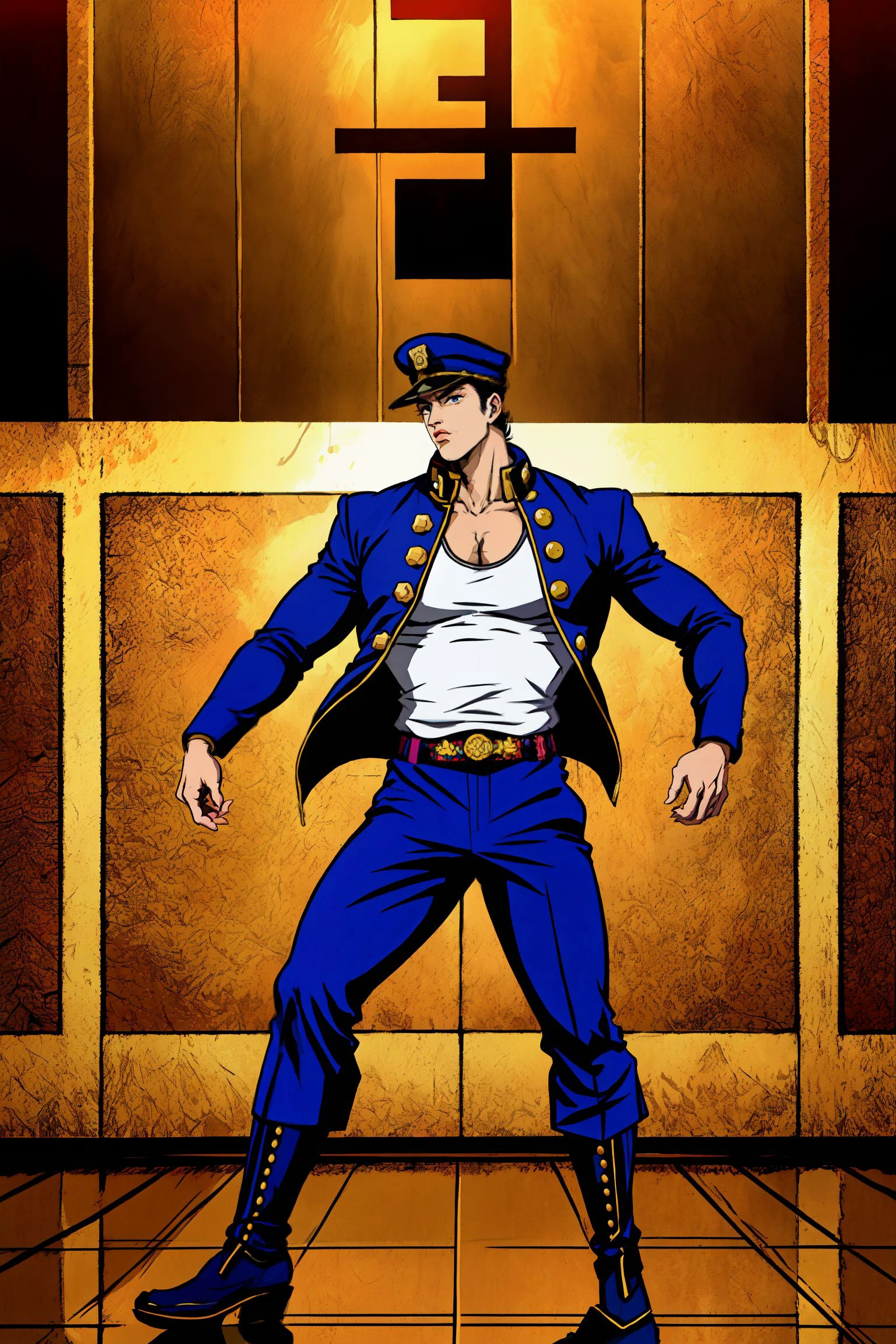 cinematic, movie still, in the style of hirohiko araki, In this scene from JoJo's Bizarre Adventure: Stardust Crusaders, the character Jotaro Kujo is emphasized. Jotaro is a tall, muscular young man with sharp features and a tough, no-nonsense demeanor. He has short, dark hair that is styled into a distinctive flattened top, and a prominent chin that juts out sharply.
Jotaro's garb is equally distinctive, with his trademark dark blue jacket and matching pants that are adorned with an intricate design of golden buttons and studs. He wears a plain white t-shirt underneath his jacket, and a pair of black boots with thick soles that make him appear even taller.
Jotaro's physical appearance is imposing, and his garb is practical yet stylish. He exudes an air of confidence and power, suggesting that he is always in control of the situation. His jacket is a key element of his appearance, and is often used to conceal his powerful Stand, Star Platinum.
The scene in question depicts Jotaro in a moment of intense focus, with his Stand at the ready. His expression is serious and determined, suggesting that he is ready to take on any challenge that comes his way. The scene highlights Jotaro's physical presence and his unwavering resolve, making him an imposing and formidable figure in the world of JoJo's Bizarre Adventure.