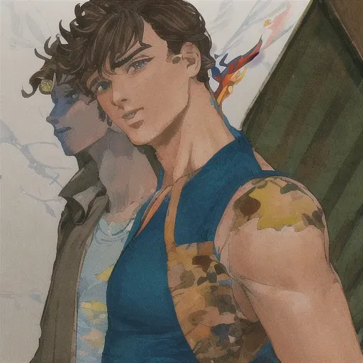 2boys,flamboyant, ( brown) short hair and blue droopy eyes,skin, in the style of hirohiko araki, suit straps,white shirt, brown vest,black short straight hair,zoomed in on face, focused on face, blue highlights,looking at viewer,watercolor, aristocratic youth, jojo's bizzare adventure <lora:HirohikoArakiJoJo:0.79>
