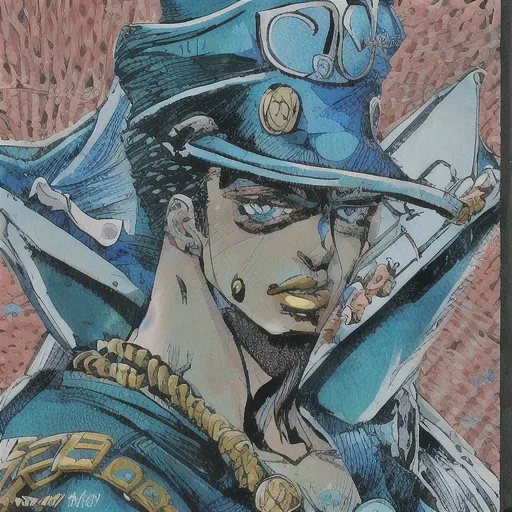 (jotaro kujo) in the style of hirohiko araki,zoomed in on face, focused on face, blue highlights,looking at viewer, manga, aristocratic youth, jojo's bizzare adventure <lora:HirohikoArakiJoJo:0.75>