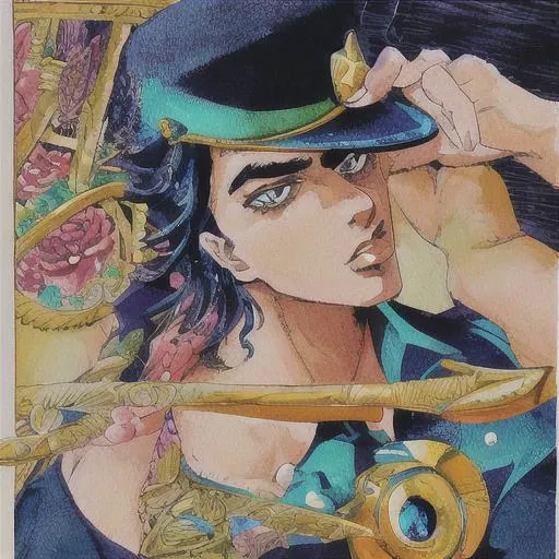 (jotaro kujo) in the style of hirohiko araki,zoomed in on face, focused on face, blue highlights,looking at viewer, watercolor, manga, aristocratic youth, jojo's bizzare adventure <lora:HirohikoArakiJoJo:0.7>