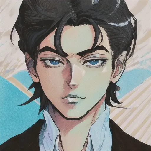 mksks style,Josuke Higashikata, 1boy,flamboyant, portrait, jojo's bizzare adventure <lora:HirohikoArakiJoJo:0.79> , ( brown) short hair and blue droopy eyes,skin, suit straps,white shirt, brown vest,black short straight hair,zoomed in on face, focused on face, blue highlights,looking at viewer, aristocratic youth,in the style of hirohiko araki, zoomed in on face, focused on face, detailed art, looking at viewer, manga, aristocratic youth