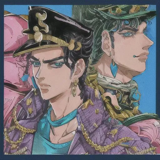 (jotaro kujo) in the style of hirohiko araki,zoomed in on face, focused on face, blue highlights,looking at viewer, watercolor, manga, aristocratic youth, jojo's bizzare adventure <lora:HirohikoArakiJoJo:0.6>