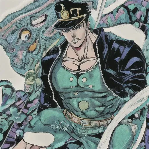 (jotaro) in the style of hirohiko araki, flamboyant, ready stance, angry, aggressive, zoomed in on face, focused on face, detailed art, looking at viewer, manga, aristocratic youth, jojo's bizzare adventure <lora:HirohikoArakiJoJo:0.7>