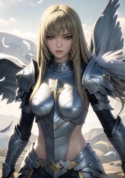 angel yan , 1girl ,solo, armor, looking at viewer, masterpiece, best quality, game illustration, feathers, wind,