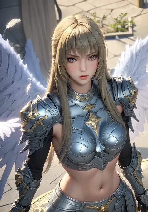 angel yan , 1girl ,solo, armor, looking at viewer, masterpiece, best quality, game illustration, feathers, wind, strong light volume light,Focus, blur, Glowing armor,silver armor,In Paradise Castle,wind,