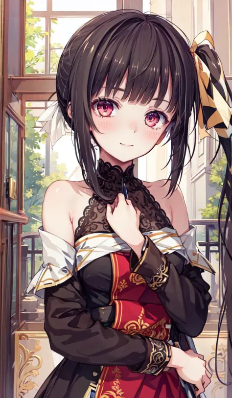 (best quality:1.3), ((highres)), (beautiful eyes:1.3), (masterpiece:1.4), (extremely delicate and beautiful), beautiful detailed eye, (1girl), (solo:1.3), standing, cute face, red eyes, black hair, side ponytail, hair ribbon, (bare shoulders:1.4), light smile, blush, <lora:mana:1>