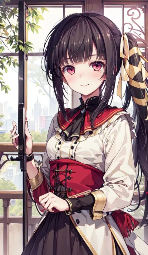 (best quality:1.3), ((highres)), (beautiful eyes:1.3), (masterpiece:1.4), (extremely delicate and beautiful), beautiful detailed eye, (1girl), (solo:1.3), standing, cute face, red eyes, (long hair:1.2), black hair, side ponytail, hair ribbon, light smile, blush, <lora:mana:1>