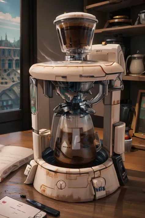((masterpiece,best quality)), <lora:Tau_World:1>, Tau_World, scifi,(coffee machine:1.2), coffee mug, military,