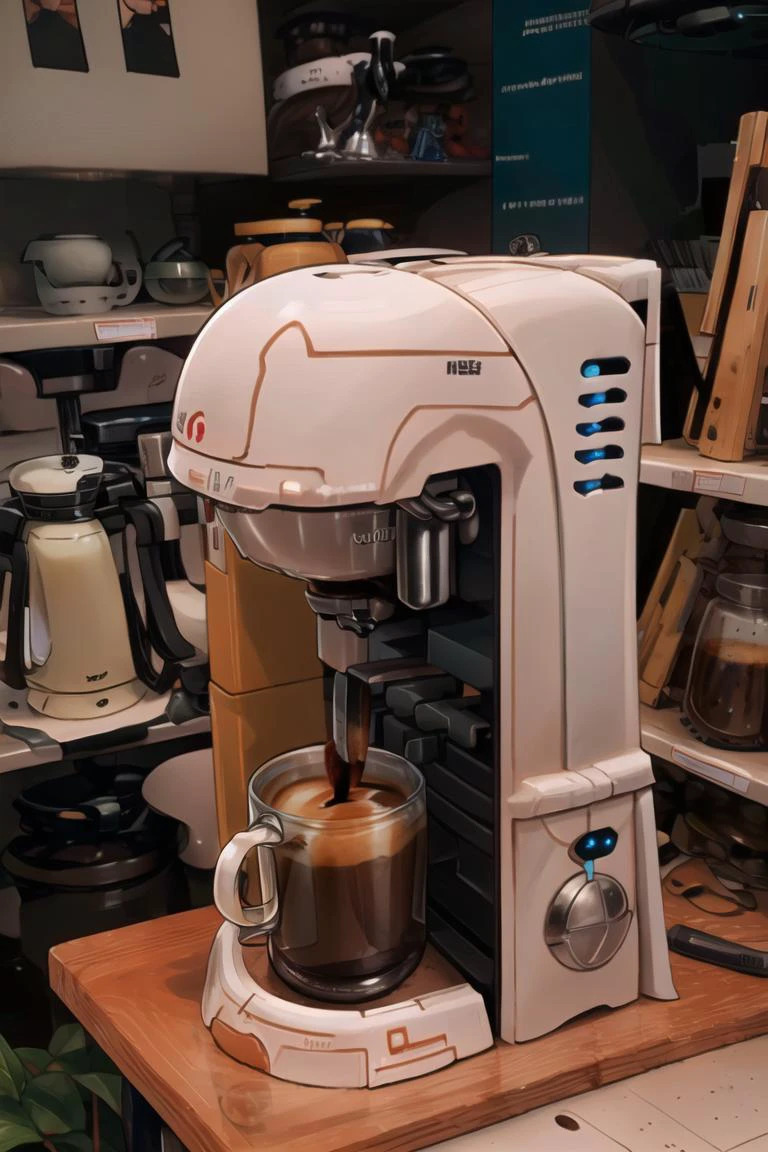 ((masterpiece,best quality)), <lora:Tau_World:1>, Tau_World, scifi,(coffee machine:1.2), coffee mug, military,