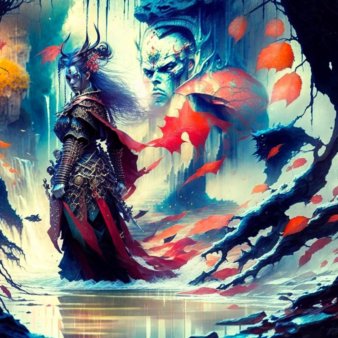 photo, (FantasyRealm:0.25) in background, strong brave courageous (YokaiHunter:1.1) Standing foreground