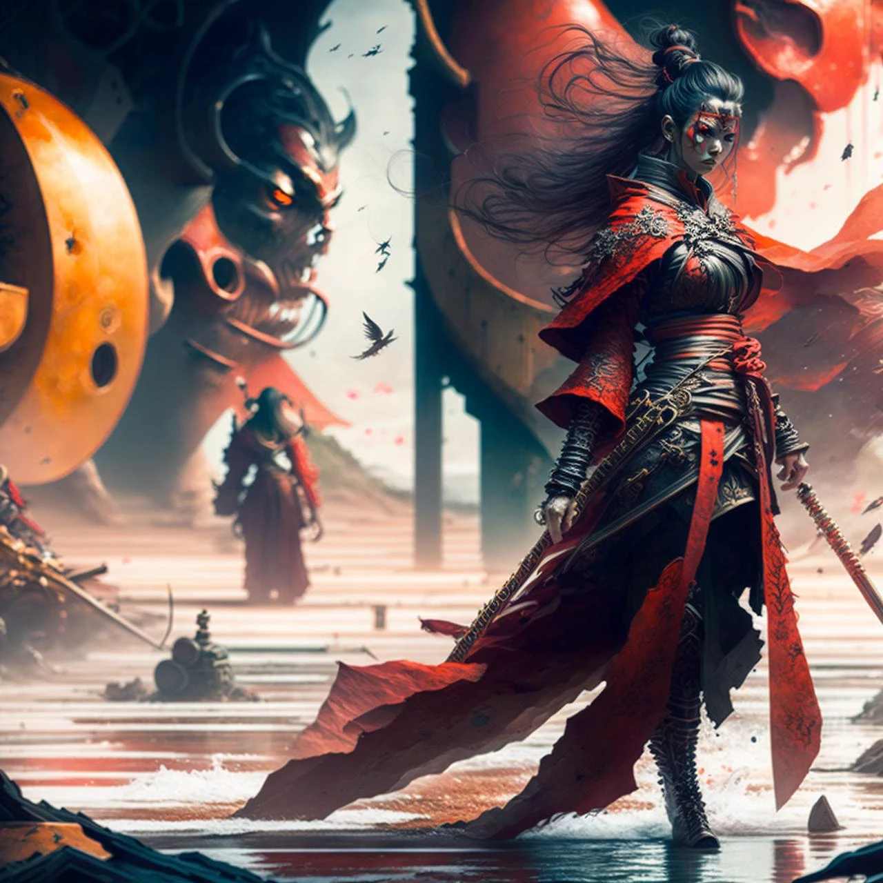 photo, (InfiniteSupply:0.75) in background, strong brave courageous (YokaiHunter:1.1) Standing foreground