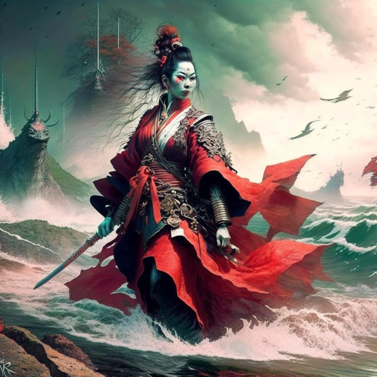 photo, (OceanSpectrum:0.75) in background, strong brave courageous (YokaiHunter:1.1) Standing foreground