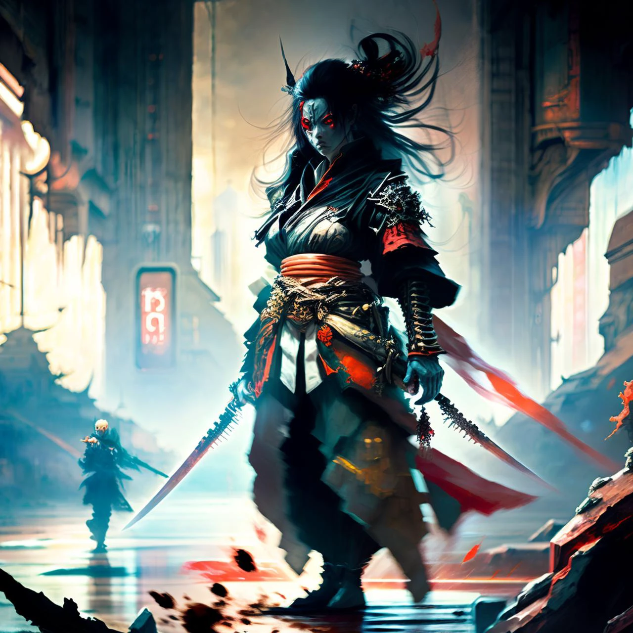 photo, (ColonyCorridor:0.5) in background, strong brave courageous (YokaiHunter:1.1) Standing foreground