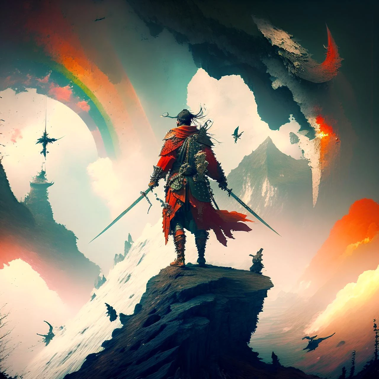 photo, (RainbowWorld:0.9) in background, strong brave courageous (YokaiHunter:1.1) Standing foreground