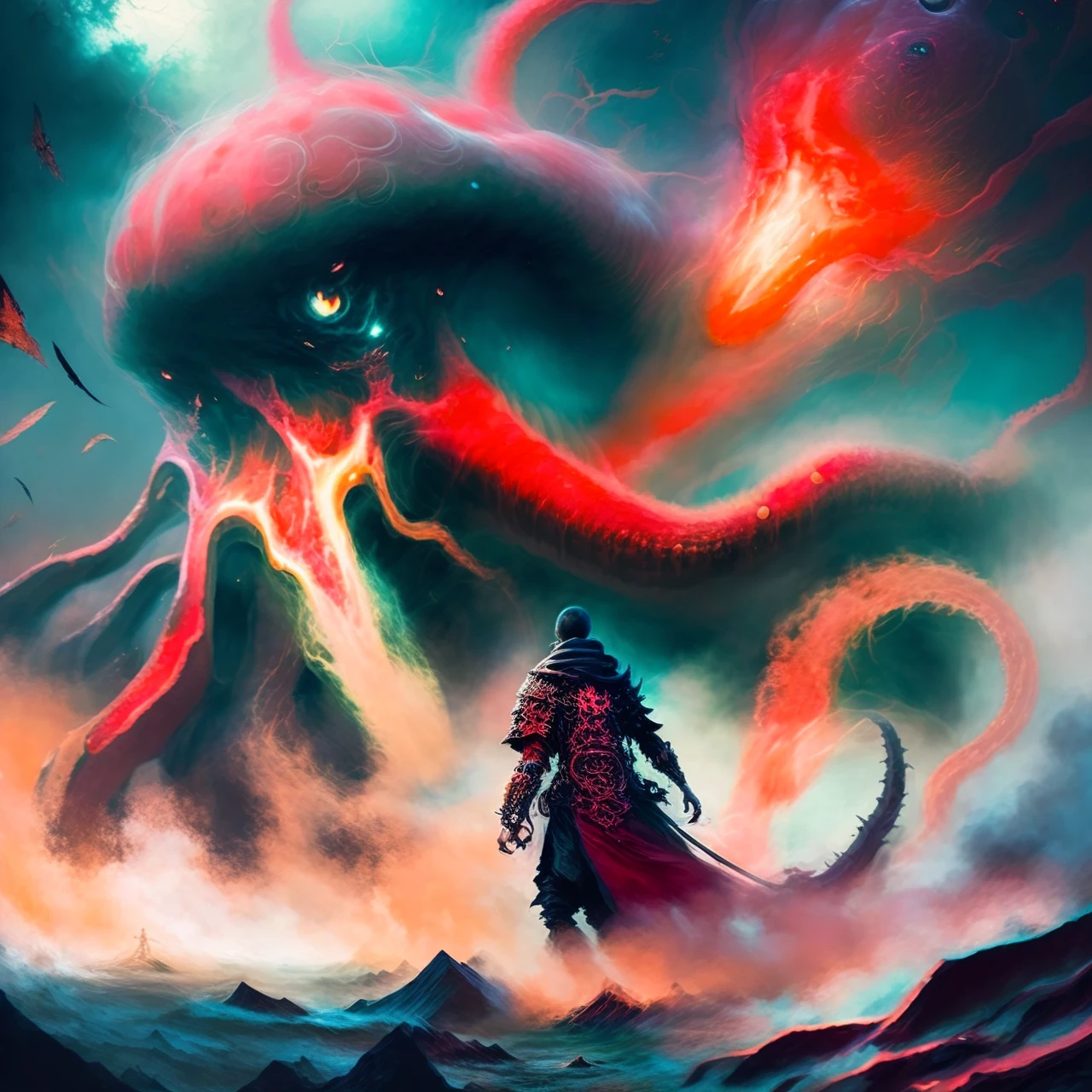 photo, (TentacleBeast:0.5) in background, strong brave courageous (YokaiHunter:1.1) Standing foreground