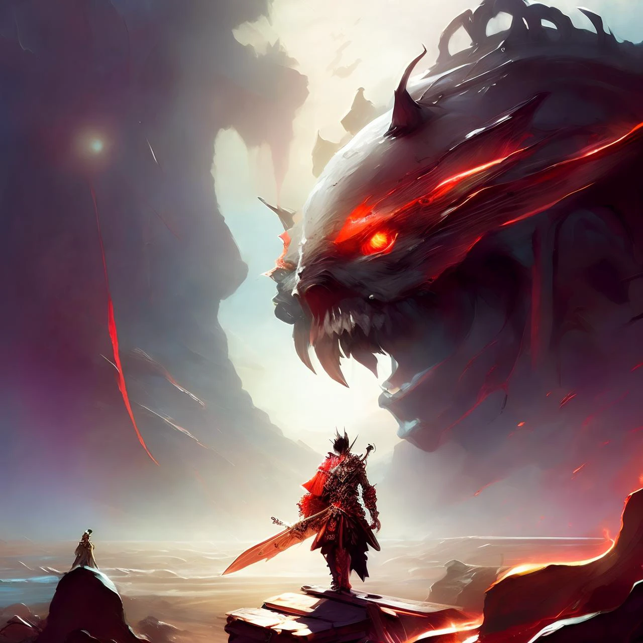 photo, (HellBeast:0.5) in background, strong brave courageous (YokaiHunter:1.1) Standing foreground