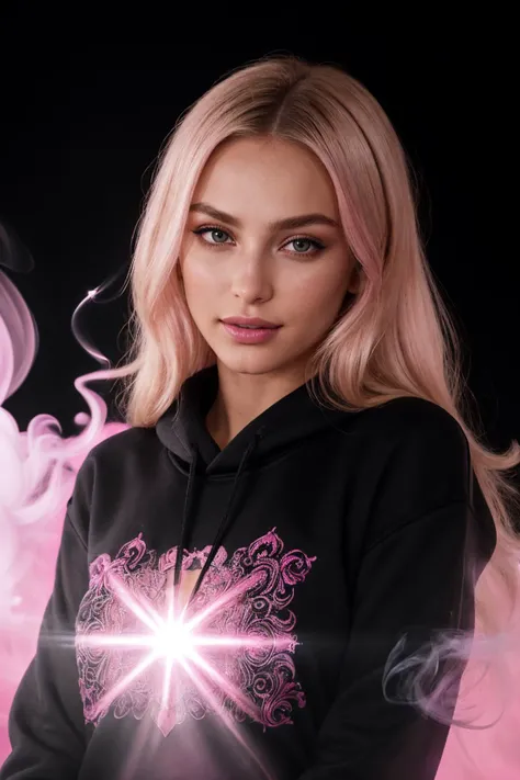 ((Black Theme, Black and Pink Backdrop)) (Close-Up Shot, Face Portrait:1.4) (Bleach Blonde Blow Out) DV_Bambi_Vicious is wearing (Blue Jeans and a Black sweatshirt :1.3), 35mm, F/2.8, ((Photo Focus, DOF, Aperture, insanely detailed and intricate, character, hypermaximalist, elegant, ornate, beautiful, exotic, revealing, appealing, attractive, amative, hyper realistic, super detailed, heresy flares)) (smiling at viewer) (volumetric pink smoke:1.3) (pink lens flare:1.2)(sharpness:1.3)(details:1.3)