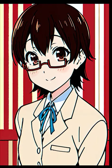 <lyco:nodokamanabe-LYCORIStest:1.0>nodoka manabe, (brown eyes:1.5), brown hair, glasses, red-framed eyewear, semi-rimless eyewear, short hair, under-rim eyewear,
sakuragaoka high school uniform, school uniform,
(best quality, masterpiece, RAW photo,ultra-detailed:1.2), <lyco:GoodHands-beta2:1.0>,1girl,solo,looking at viewer,smile