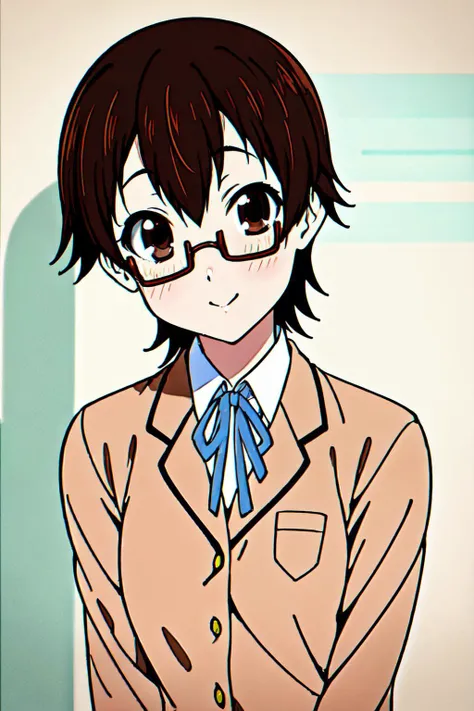 <lyco:nodokamanabe-LYCORIStest:1.0>nodoka manabe, (brown eyes:1.5), brown hair, glasses, red-framed eyewear, semi-rimless eyewear, short hair, under-rim eyewear,
sakuragaoka high school uniform, school uniform,
(best quality, masterpiece, RAW photo,ultra-detailed:1.2), <lyco:GoodHands-beta2:1.0>,1girl,solo,looking at viewer,smile