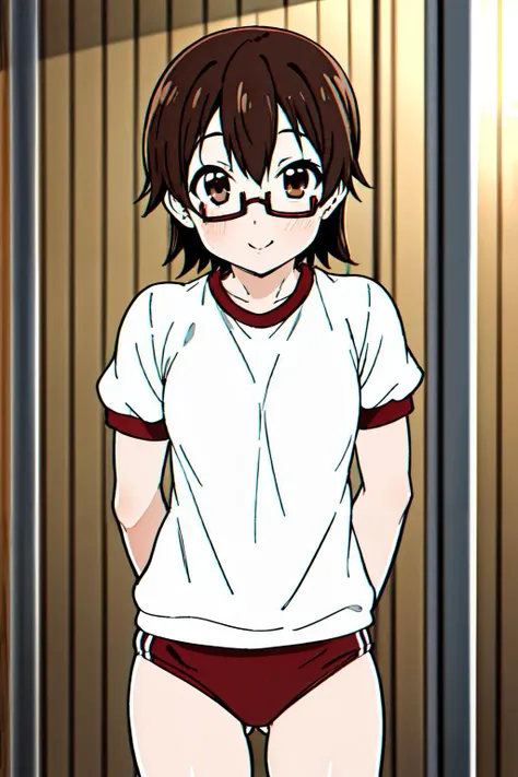 <lyco:nodokamanabe-LYCORIStest:0.9>nodoka manabe, (brown eyes:1.5), brown hair, glasses, red-framed eyewear, semi-rimless eyewear, short hair, under-rim eyewear,
gym uniform, cowboy shot,
(best quality, masterpiece, RAW photo,ultra-detailed:1.2), <lyco:GoodHands-beta2:1.0>,1girl,solo,looking at viewer,smile