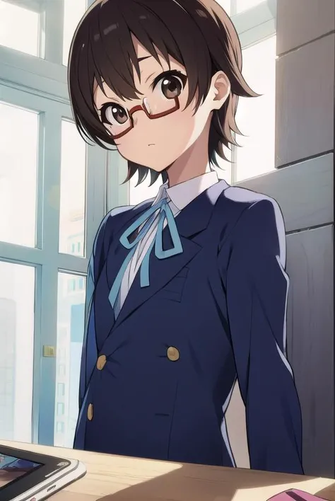 nodokamanabe, <lyco:nodokamanabe-LYCORIStest:1>,
nodoka manabe, (brown eyes:1.5), brown hair, glasses, red-framed eyewear, semi-rimless eyewear, short hair, under-rim eyewear, (flat chest:1.2),
BREAK sakuragaoka high school uniform, school uniform,
BREAK looking at viewer,
BREAK indoors, classroom,
BREAK <lora:GoodHands-vanilla:1>, (masterpiece:1.2), best quality, high resolution, unity 8k wallpaper, (illustration:0.8), (beautiful detailed eyes:1.6), extremely detailed face, perfect lighting, extremely detailed CG, (perfect hands, perfect anatomy),