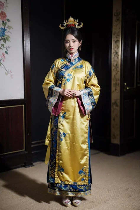 best quality, masterpiece, (photorealistic:1.4), 1girl,full body,the chinese manchu qizhuang,the chinese manchu headdress,women's chinese qing dynasty hair pins,<lora:qizhuang:0.5>