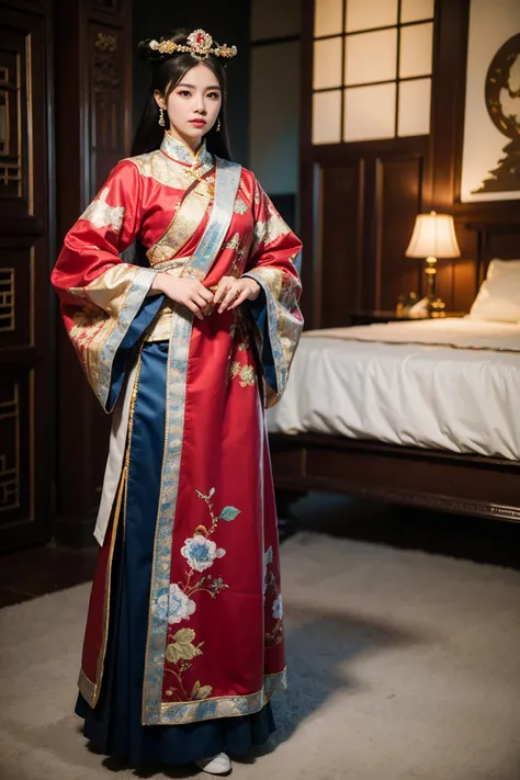 best quality, masterpiece, (photorealistic:1.4), 1girl,full body,the chinese manchu qizhuang,the chinese manchu headdress,women's chinese qing dynasty hair pins,<lora:qizhuang-000003:0.5>