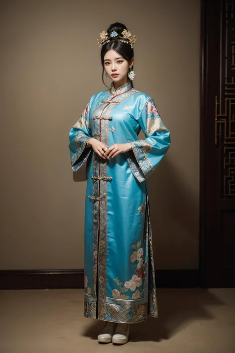 best quality, masterpiece, (photorealistic:1.4), 1girl,full body,the chinese manchu qizhuang,the chinese manchu headdress,women's chinese qing dynasty hair pins,<lora:qizhuang-000003:0.5>