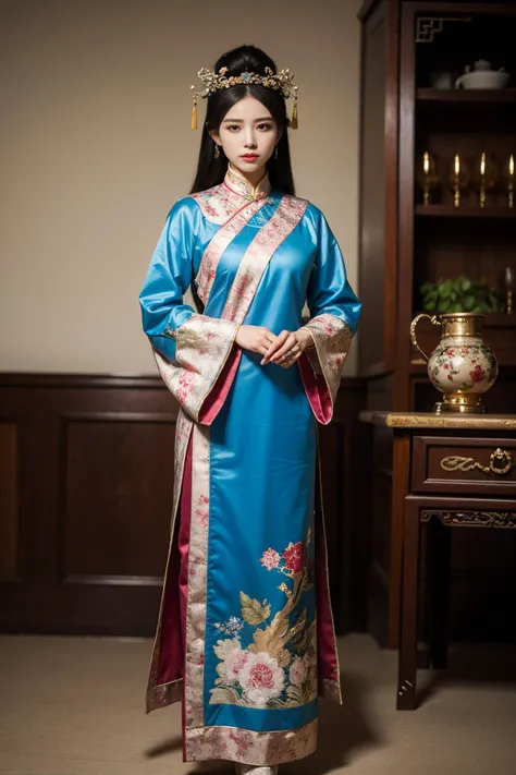 best quality, masterpiece, (photorealistic:1.4), 1girl,full body,the chinese manchu qizhuang,the chinese manchu headdress,women's chinese qing dynasty hair pins,<lora:qizhuang-000003:0.5>