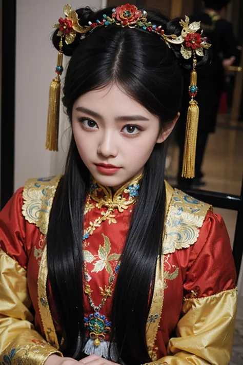 best quality, masterpiece, (photorealistic:1.4), 1girl,full body,the chinese manchu qizhuang,the chinese manchu headdress,women's chinese qing dynasty hair pins,<lora:qizhuang:0.5>