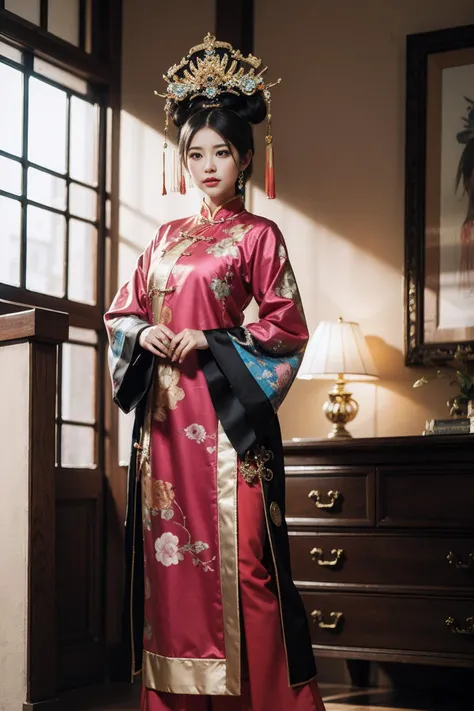 best quality, masterpiece, (photorealistic:1.4), 1girl,full body,the chinese manchu qizhuang,the chinese manchu headdress,women's chinese qing dynasty hair pins, <lora:qizhuang-000003:0.5>