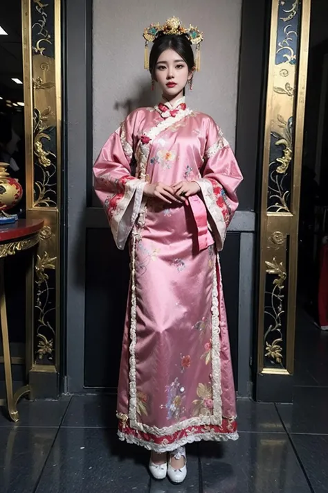 best quality, masterpiece, (photorealistic:1.4), 1girl,full body,the chinese manchu qizhuang,the chinese manchu headdress,women's chinese qing dynasty hair pins,<lora:qizhuang:0.5>,