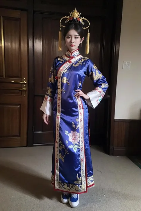 best quality, masterpiece, (photorealistic:1.4), 1girl, light smile,(full body:1.2)the chinese manchu qizhuang,the chinese manchu headdress,white background, <lora:qizhuang-000003:0.6>