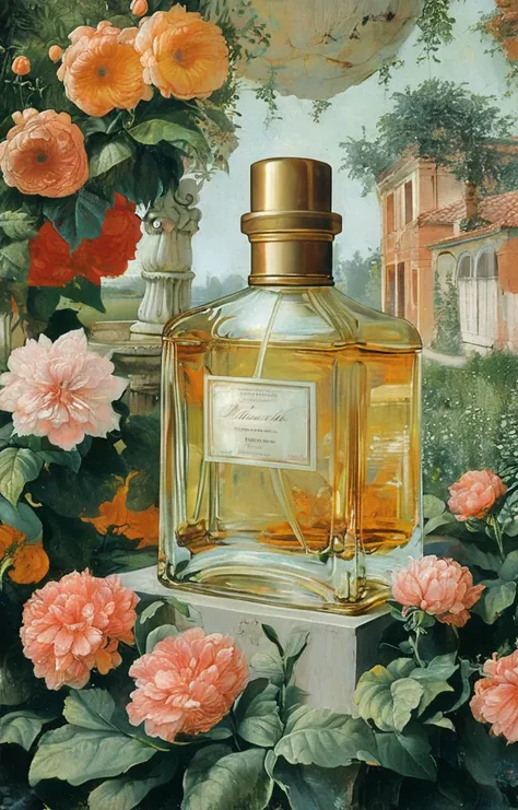 masterpiece,best quality,<lora:tbh197-sdxl:0.9>,illustration,style of Masaccio A bottle of perfume in garden