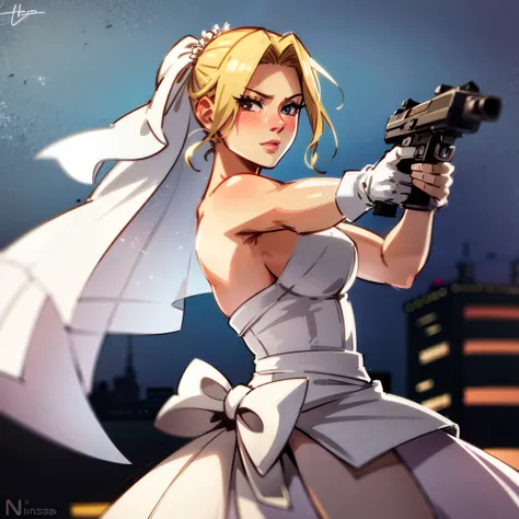 , blush,<lora:nina_williams:0.8>, ninawilliams, standing, city in background, from side, wedding dress, holding gun, aiming
