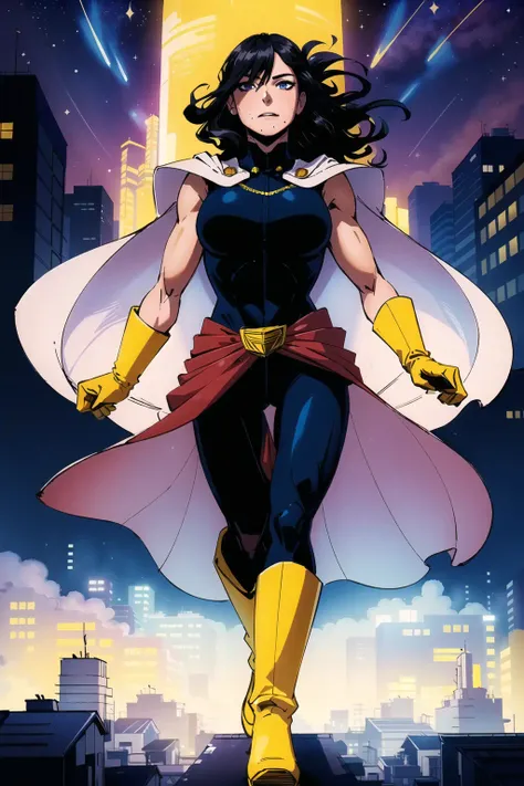 (masterpiece, best quality:1.4), cinematic light, colorful, high contrast, (1girl), NanaShimura, boku no hero academia, <lora:NanaShimuraMHA-v1-1:1>, black hair, mole under mouth, large breasts, (blue eyes), hair between eyes, sleeveless, black bodysuit, red belt, white cape, yellow gloves, in the city, night, stars, (yellow boots)