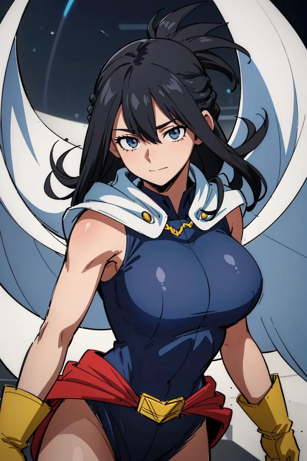 (masterpiece, best quality:1.4), cinematic light, colorful, high contrast, (1girl), NanaShimura, boku no hero academia, <lora:NanaShimuraMHA-v1-1:1>, yellow gloves, black hair, white cape, large breasts, blue eyes, sleeveless, bodysuit, hair between eyes, belt