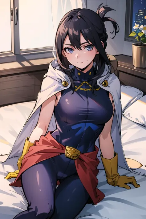 (masterpiece, best quality:1.4), cinematic light, colorful, high contrast, (1girl), NanaShimura, boku no hero academia,  <lora:NanaShimuraMHA-v1-1:1>, black hair, mole under mouth, large breasts, (blue eyes), hair between eyes, bedroom, soft lighting, ambient light, night, laying in bed, bodysuit, white cape, yellow gloves